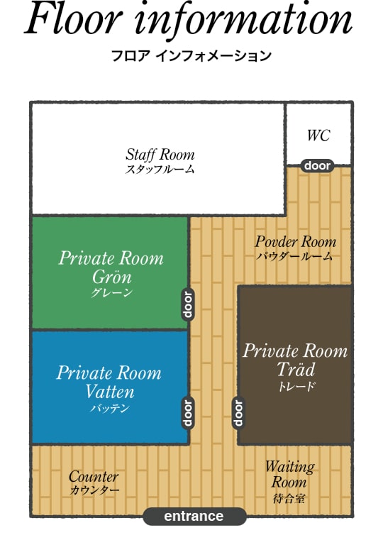 エントランスを入って右手に待合室があり、廊下を進むと個室が左右に3部屋ざいます。その奥にはパウダールームも準備しています。