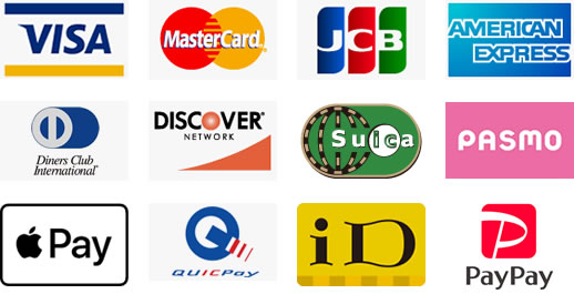 VISA,Master,JCB,AMERICAN EXPRESS,Diners,DISCOVER,Suica,PASMO,ApplePay,QUICPay,ID